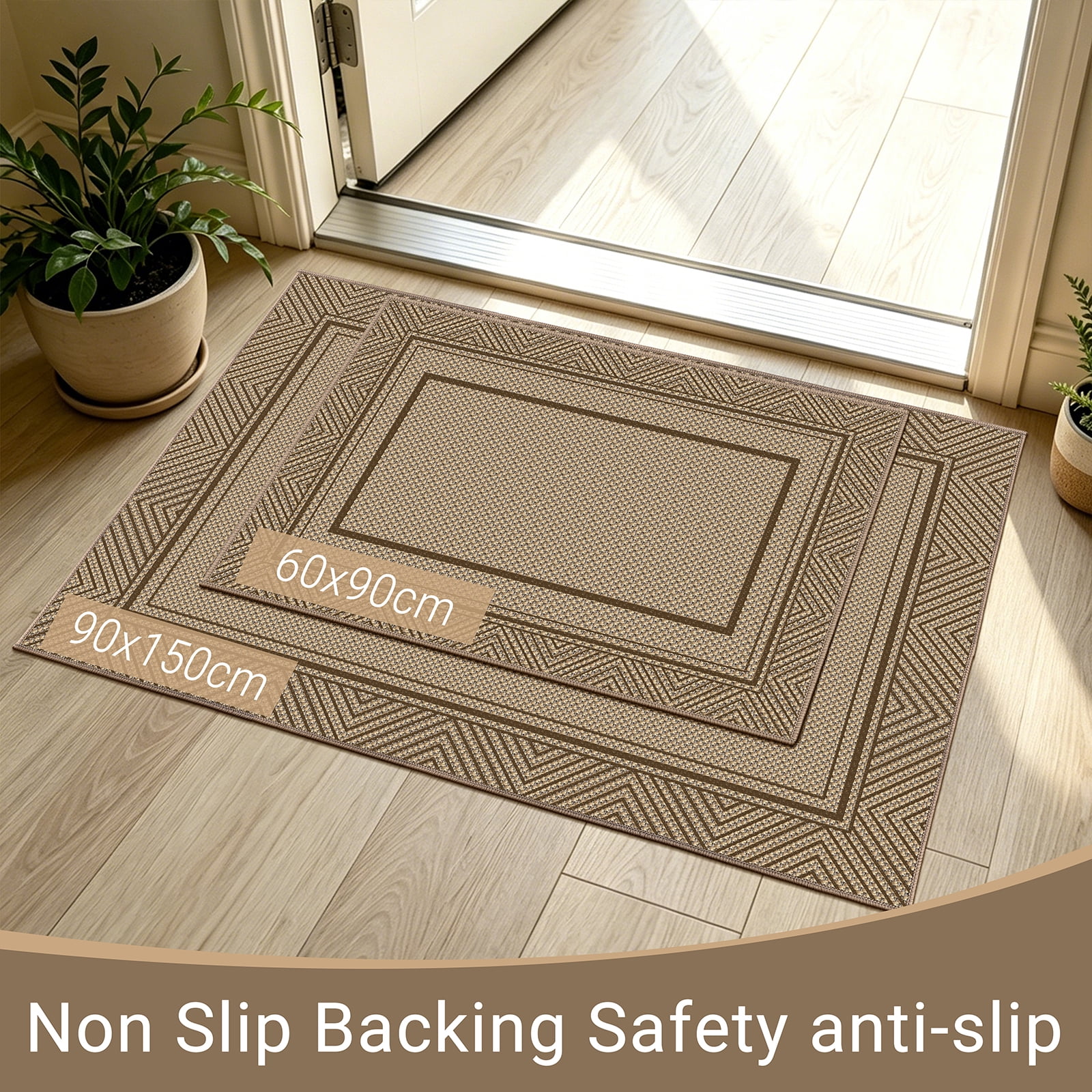 ORGOWEL Easy Jute Door Mat 3*5ft Washable Geometry Line Doormat Non-Slip Absorbent Indoor Outdoor Mat Stain Resistant Low Profile Floor Mat for Entryway Bedroom Patio,Brown