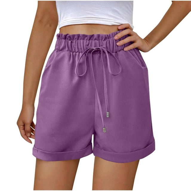 biudgviw Shorts for Women Ruffle Elastic High Waisted Drawstring Casual Shorts Trendy Summer Shorts with Pockets