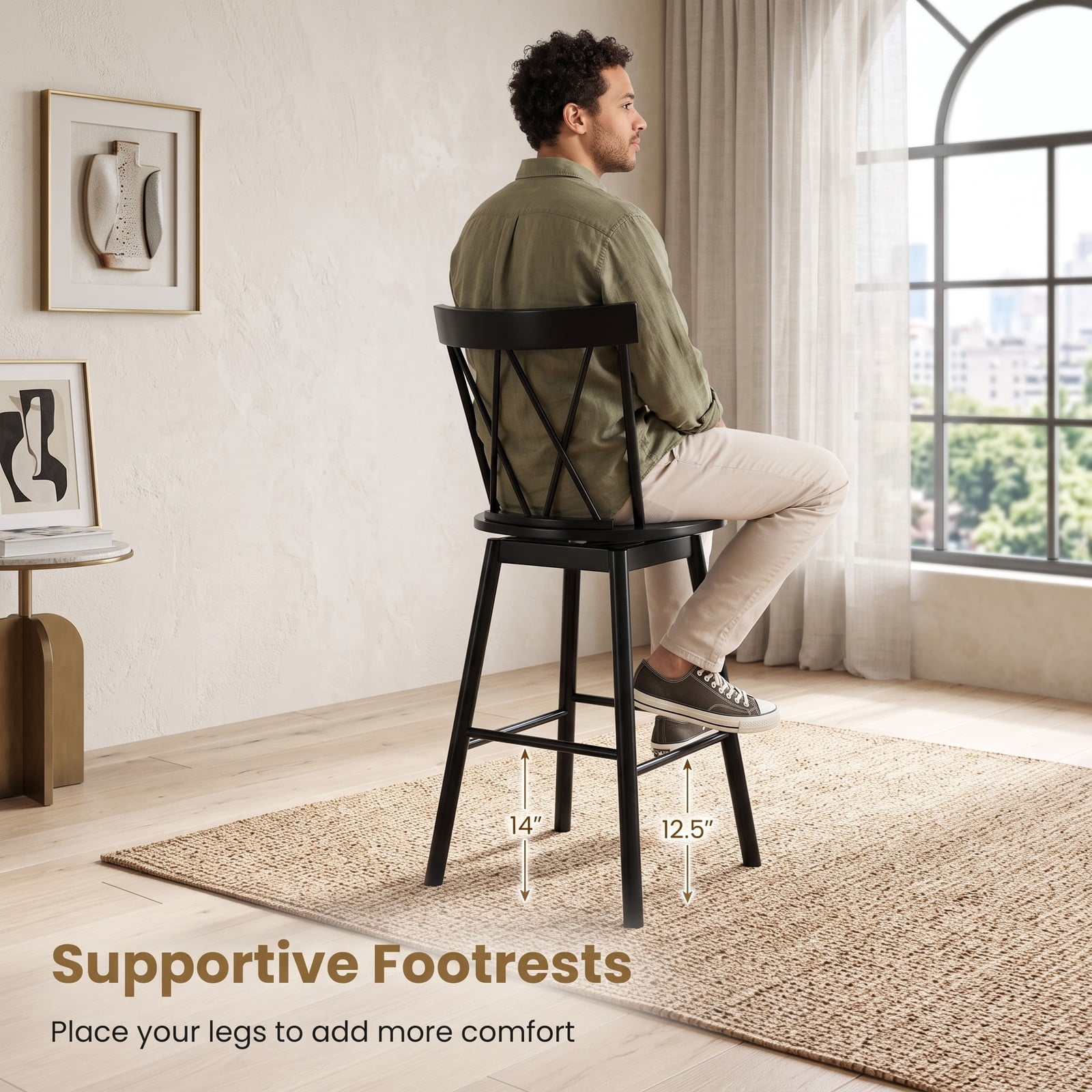Furnibear Set of 2 Windsor Bar Stools 29 Inch Swivel Counter Height Stools with Ergonomic Backrest and Footrest, Rubber Wood Kitchen Island Dining Chairs, Black
