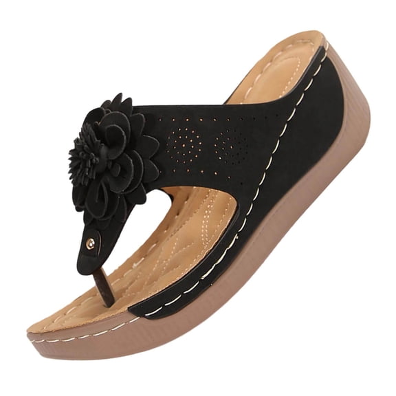 Wensltd Women Flower Thong Sandals Comfort Soft Soled Lightweight Casual Slippers Wide Width All Seasons Black