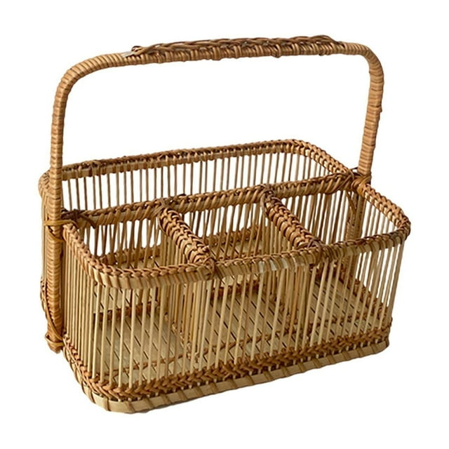 Cesta para utensilios de cocina, soporte para utensilios de cocina, organizador de cubiertos de ratán de bambú tejido a mano, organizador de cubiertos Cuadrícula rectangular 4