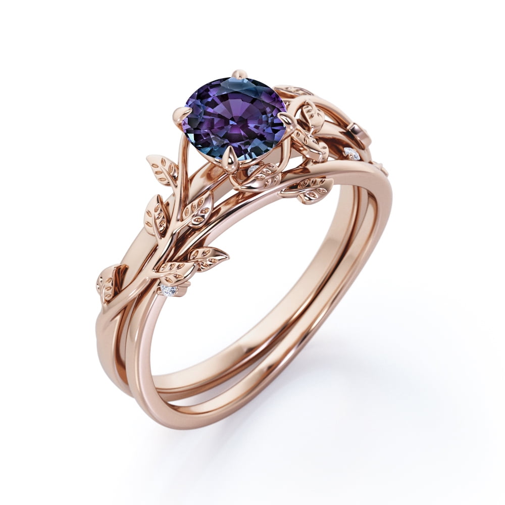 JeenMata 0.50 Carat - Round Cut Lab Created Alexandrite Ring Set - Leaf & Vine Wedding Ring Set - 18K Rose Gold Plating Over Silver