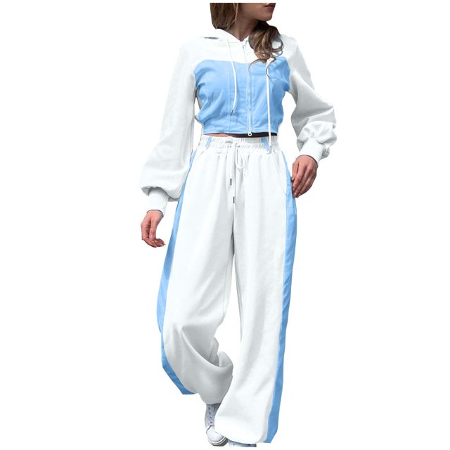 Vocation Outfits Set Women's Color Match Drawstring Zipper Hooded Elastic Waist Pockets Pants Sets Plus Size Outfits Set S-172