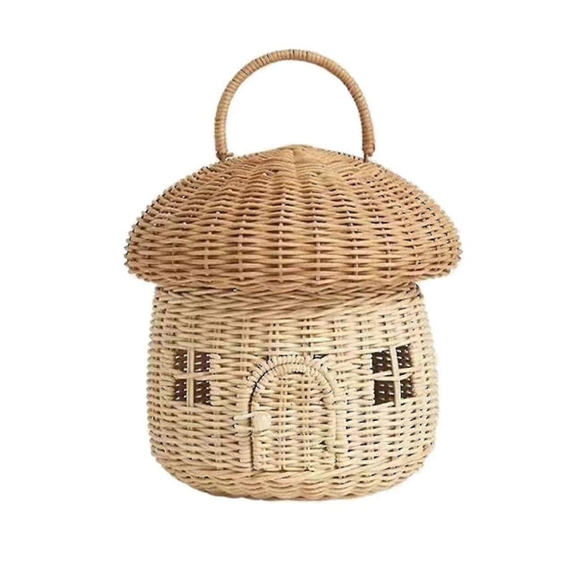 Mushroom Design Storage Basket with Lid, Handwoven Natural Rattan Organizer for Kids Toys Nursery Decor