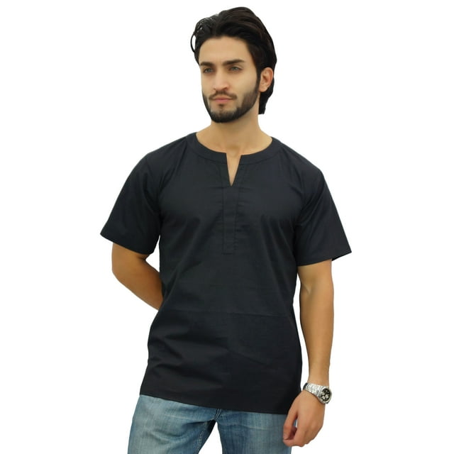 Atasi Kurta Court Décontracté pour Homme Tunique Indienne Haut en Coton à Col en V - Grand
