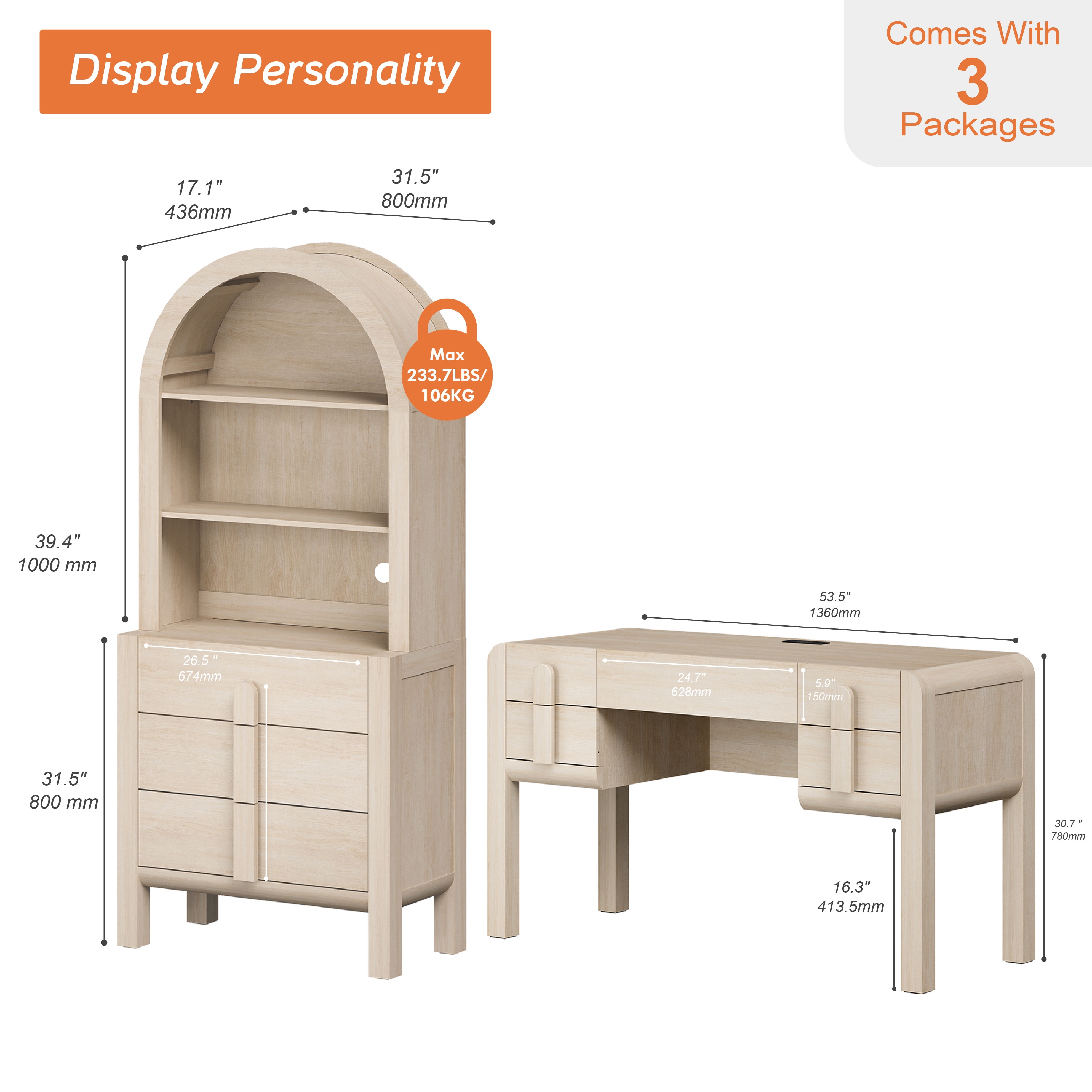 2 Piece Office Set, 53.5" Modern Executive Desk with Charging Station and Drawers & 71"H Tall 3-Tier Arched Bookcases with Open Storage for Living Room, Bedroom, Home Office