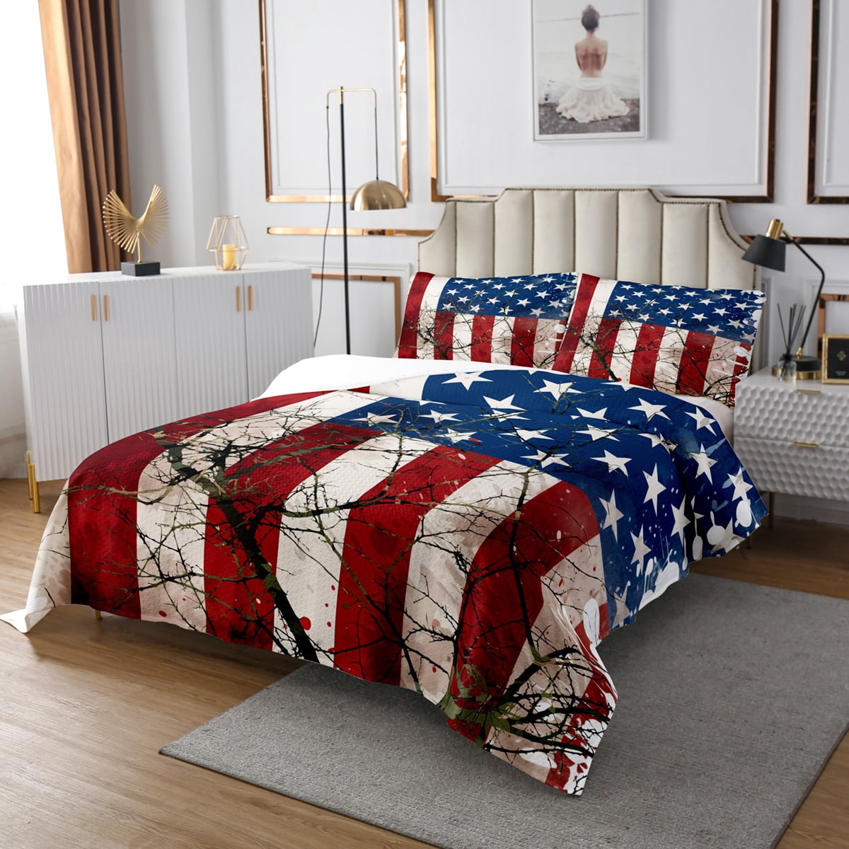 American Flag Bedspread Set Stars and Stripes Queen Quilt Set, Wooden Branches Rustic Decor Bed Set Retro Grunge USA Flag Coverlet Set for Teens Youth Bedroom,1 Bedspread 2 Pillowcases