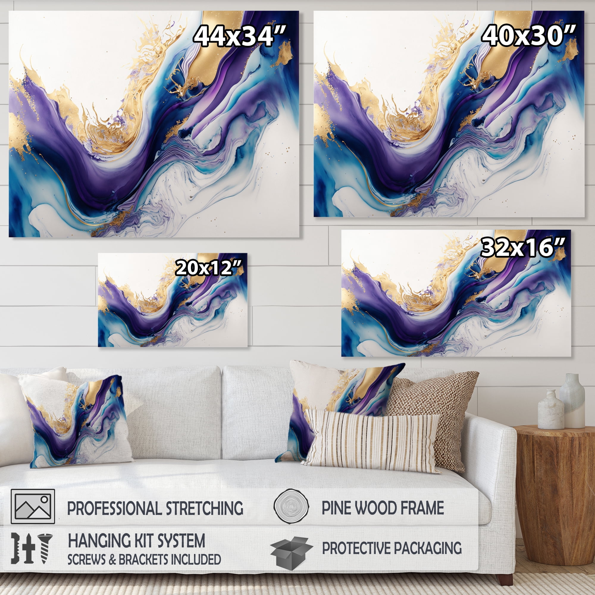 Designart Blue, Gold And Purple Splash Paint III Canvas Wall Art