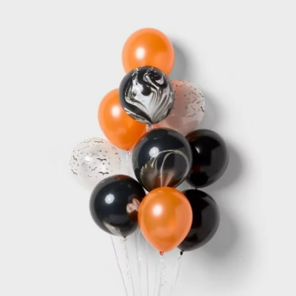 10ct Halloween Bats and Marble Mix Latex Balloon Pack Orange/Black - Spritz