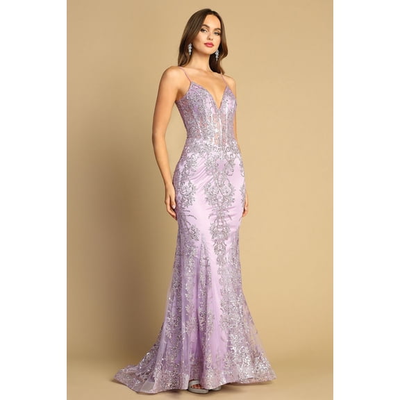 Women's Adora Design 3053n Glitter Applique Mermaid Long Formal Gown Lavender Size 3XL