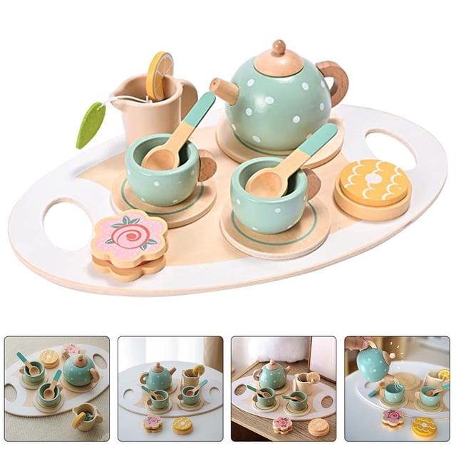 SHOWERORO 1Set Wood Tea Set Toy for Toddlers Parent-Child Interaction Imagination Development Assorted Color 15Pieces