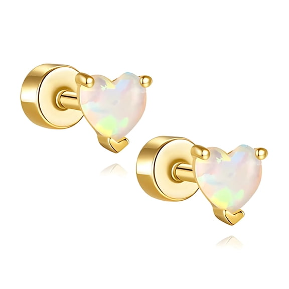 Heart Flat Back Opal Earrings for Cartilage Helix Tragus Lobe16g Gold over Sterling Silver Studs Pair by Ginger Lyne