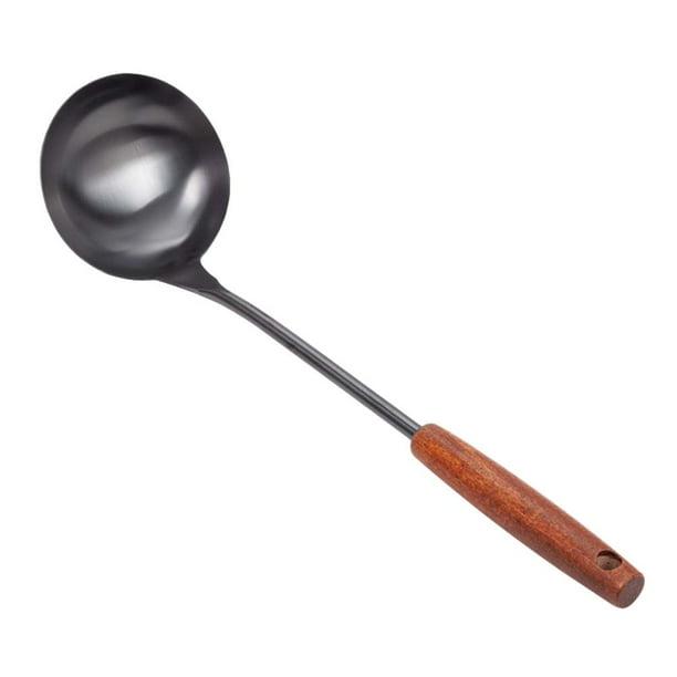 Cucharón de sopa de acero inoxidable con mango de madera para el hogar (marrón)