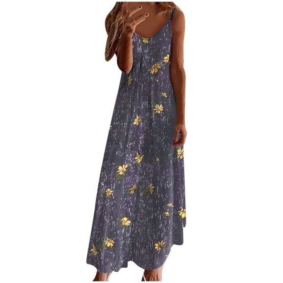 asdoklhq Dresses for Women 2025 Elegant Classy Boho Wedding Dress Summer Dresses for Women Print Sleeveless Round Neck Dress Casual Long Dresses Multicolor 3X