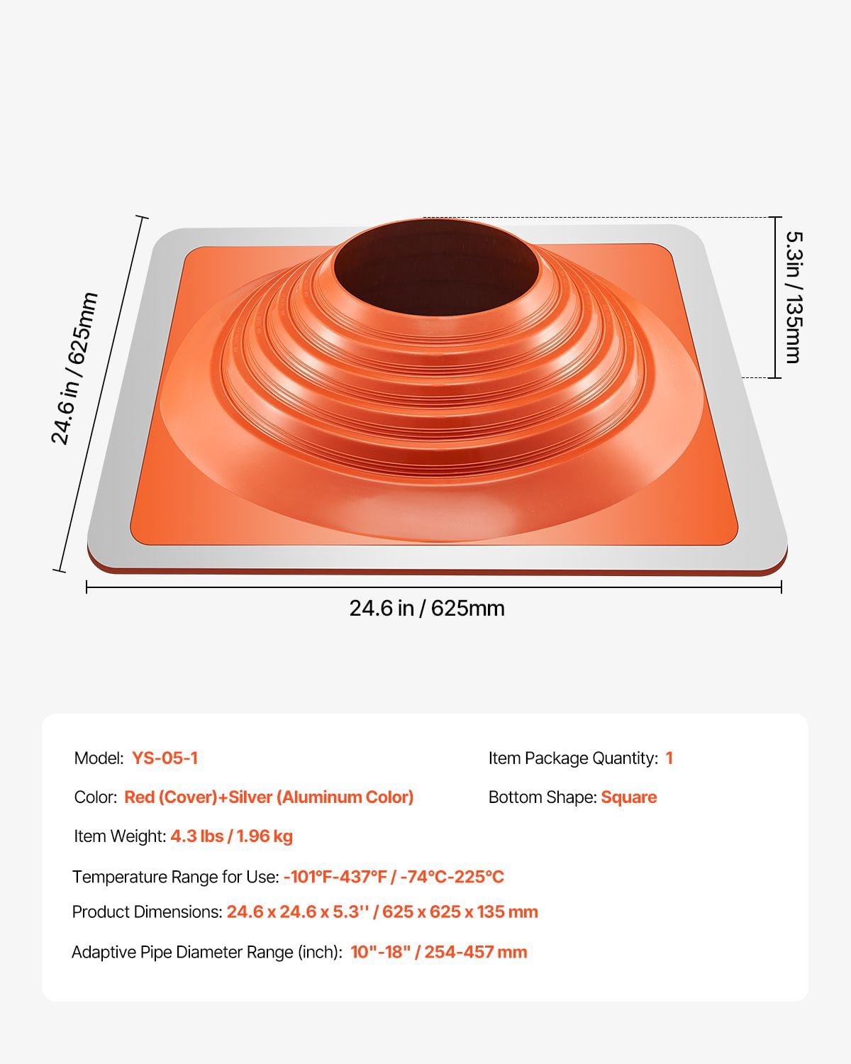 Roof Pipe Flashing Kit, 1 Pack Red Silicone Square Boot, 24.6 x 24.6 x 5.3", Fits Pipe OD 10" to 18", Aluminum Base, for Metal & Wood Roofs, Chimneys & Vents