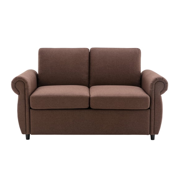 57.9 inches Pull Out Sofa Bed Loveseat Sleeper with Twin Size Memory Mattress with Two USB Ports for Living Room Spaces, Brown