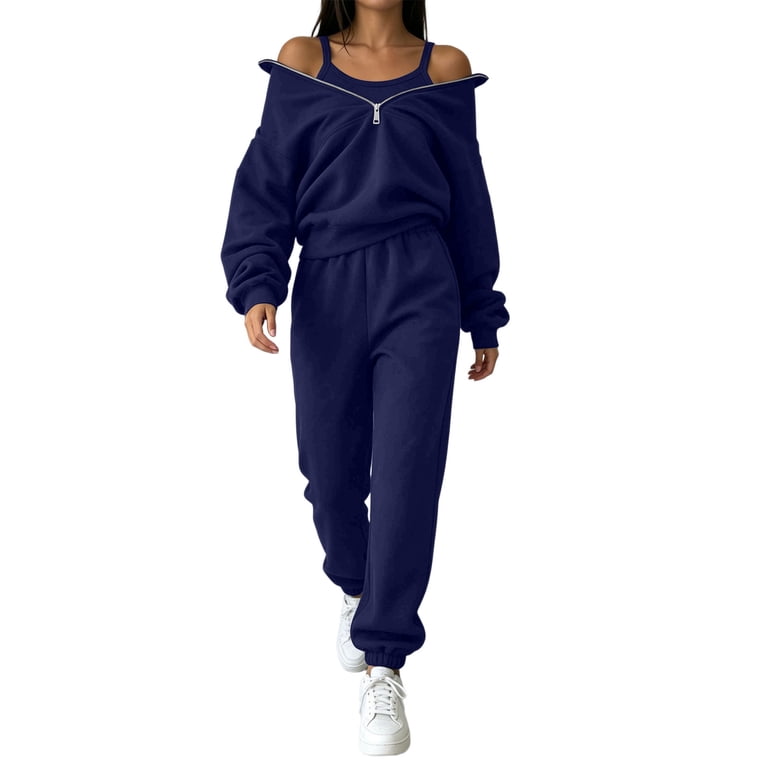 Lepsheexh Women's 2 Piece Outfits Women Casual Lapel Half Zip