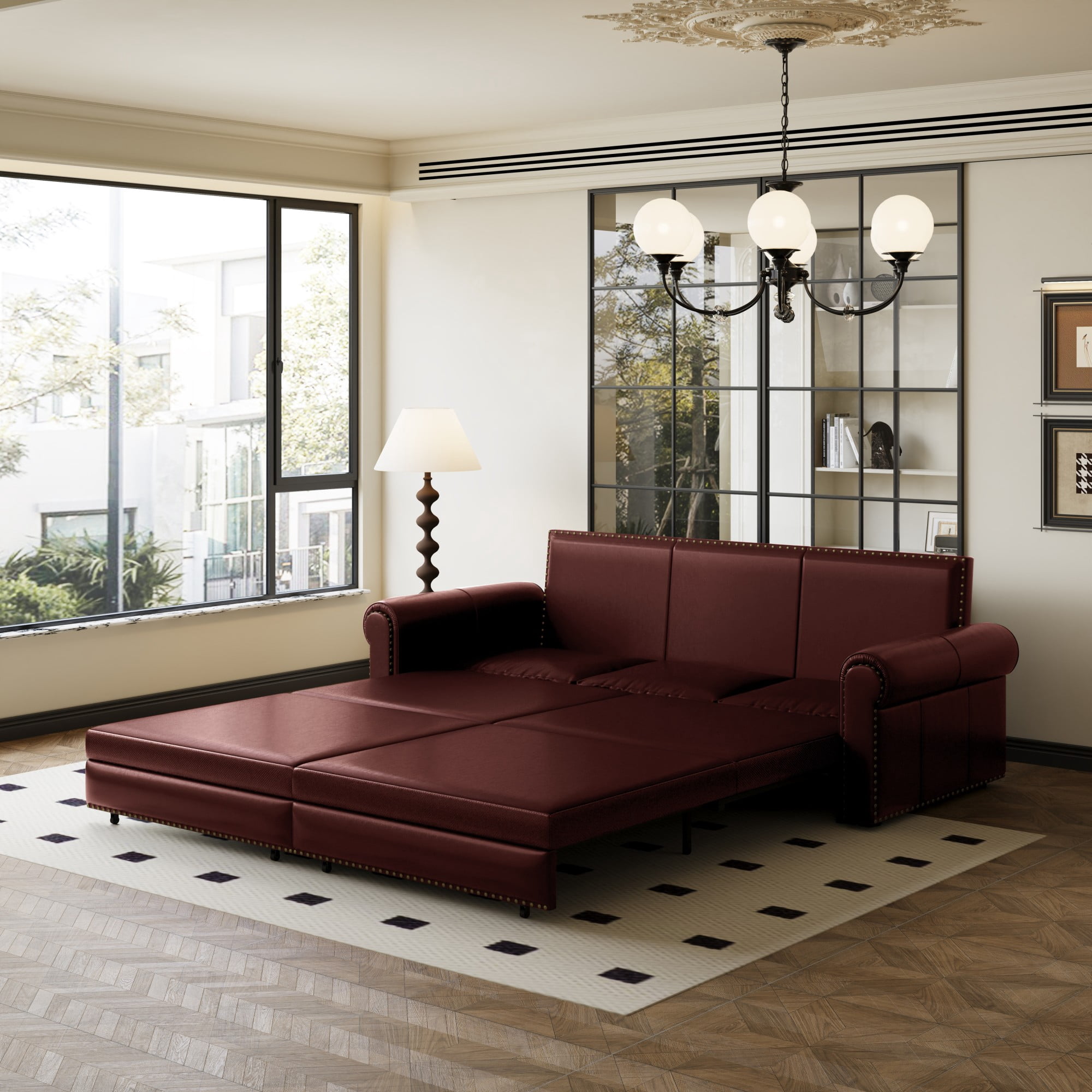 Aukfa 93.7" King Pull Out Sofa Bed, Faux Leather 3-in-1 Convertible Chesterfield Sleeper Sofa Couch with Nailhead Trim & Rolled Arms, Burgundy