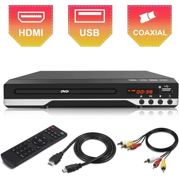 1080p HD DVD Player for TV - Compact AV Connection DVD Players, Read All Region DVDs, USB Input Feature, PAL/NTSC Auto-Switch, Small CD/DVD Player for Home, with HDMI AV Cables, Home Theater