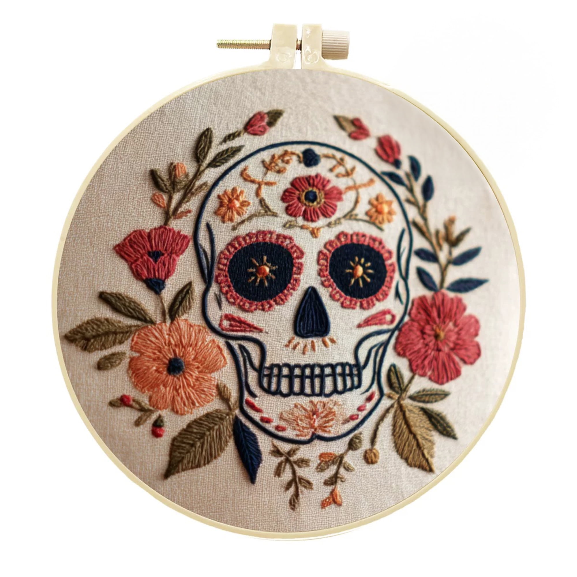 5‑Pack Mexican Floral Skull Embroidery Kits DIY Cross Stitch Set for Beginners Includes Hoops Threads Patterns Gift for Room Decor Tote or Apparel