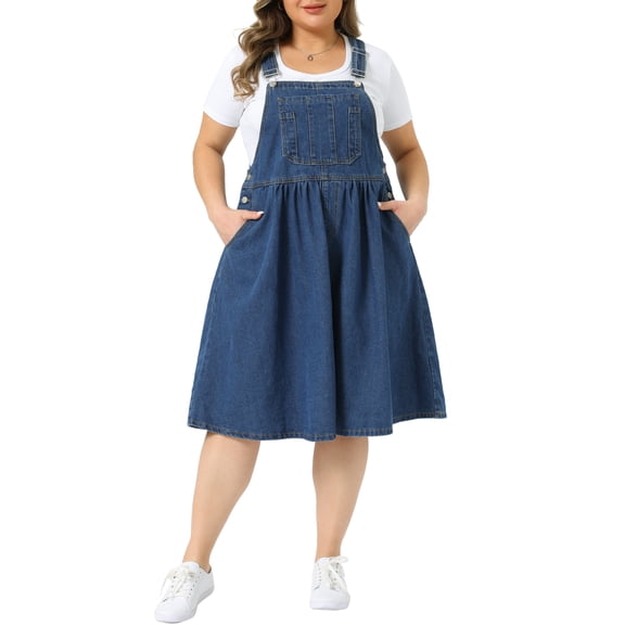 Agnes Orinda Women's Plus Size Denim Overalls Dress Sleeveless Adjustable Straps Waist Buttons Romper Casual Jumper Jean Midi Dresses 2026 with Pockets 2X Blue