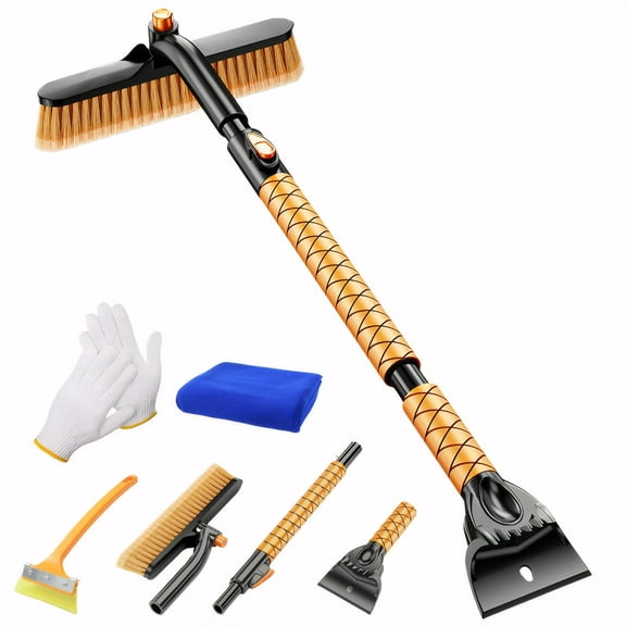 Extendable Ice Brush and Ice Scraper ,Car Snow Shovel Tools ,5 in 1 Foam Grip Snow Removal Brush with Squeegee 182° Pivoting Brush Head for Cars Windshield,Vehicle,Trucks,SUV(C)