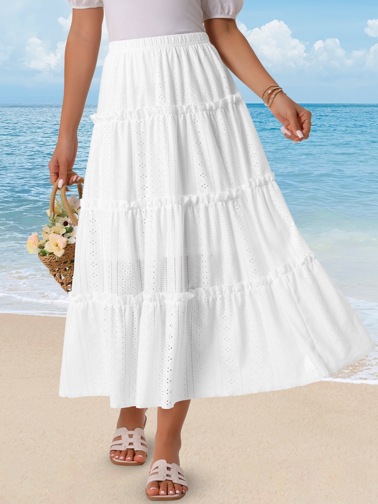 DARING DIVA Women's Elastic Waist Tiered A-line Ruffle Boho Maxi Skirt L White