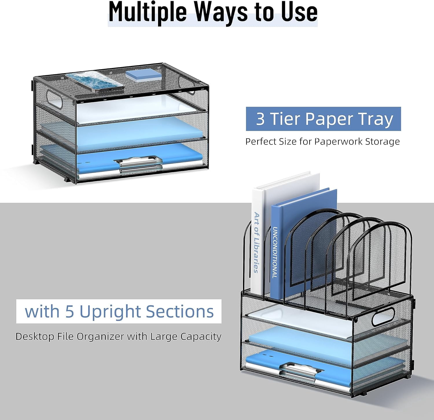INTIGE Desk Organizer with Vertical File Holder, 3 Tier Desktop Organizer with 5 File Folder Holders and Handles, Metal Mesh File Organizers and Accessories for Home Office Organization
