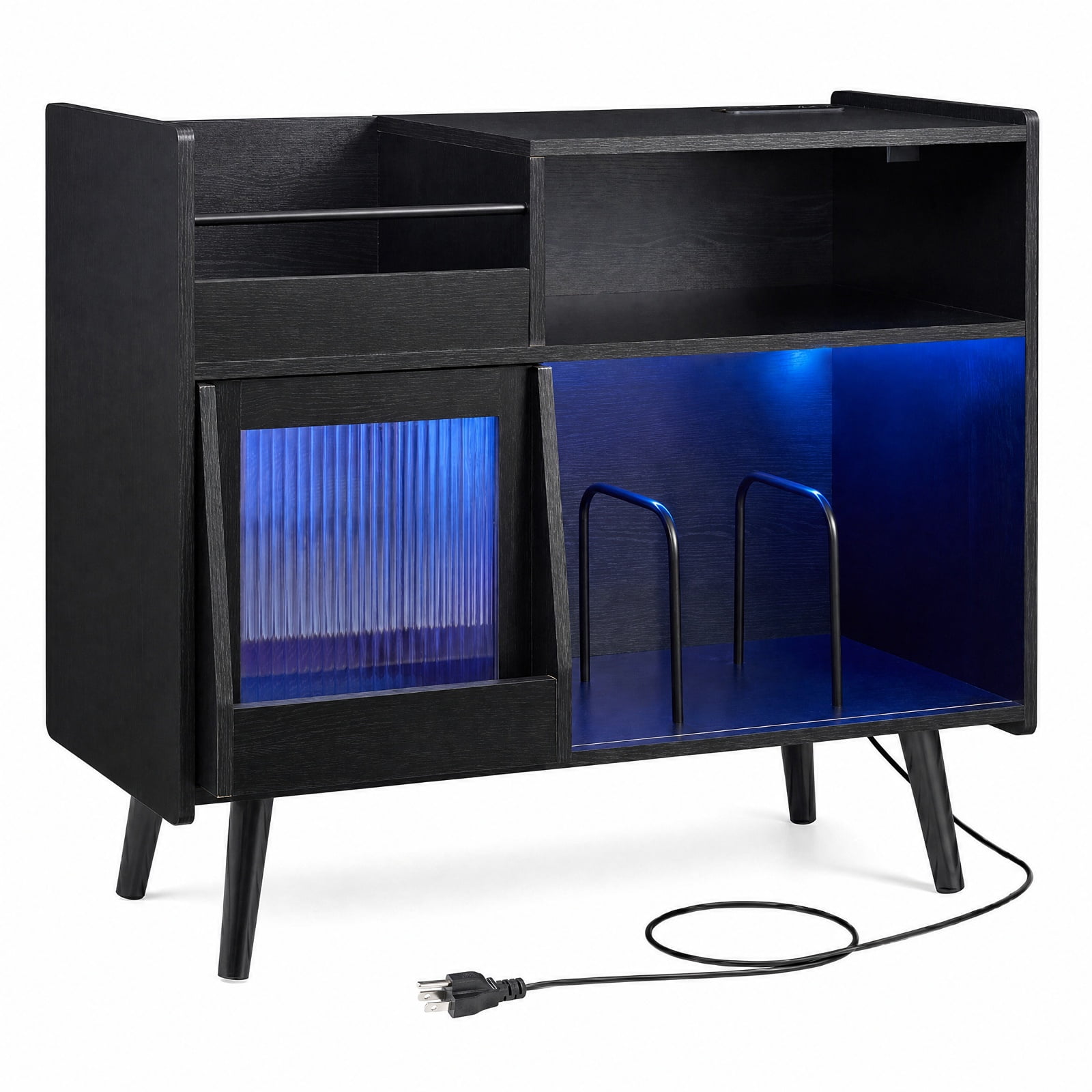 Furnibear Record Player Stand with RGB LED Light Power Outlets USB Type-C Ports and Sliding Glass Door for Living Room, Black