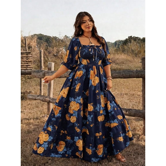 Navy Blue Floral Print Plus Size Long Shirred Dress Square Neck Half Puff Sleeve Tiered Flounce Hem Woven A-Line Casual
