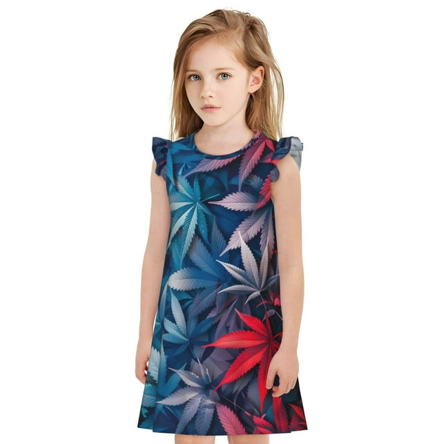Balery Red And Blue Leaves Camisón de princesa para niñas, pijama de algodón con mangas abullonadas, suave y bonito.-Large
