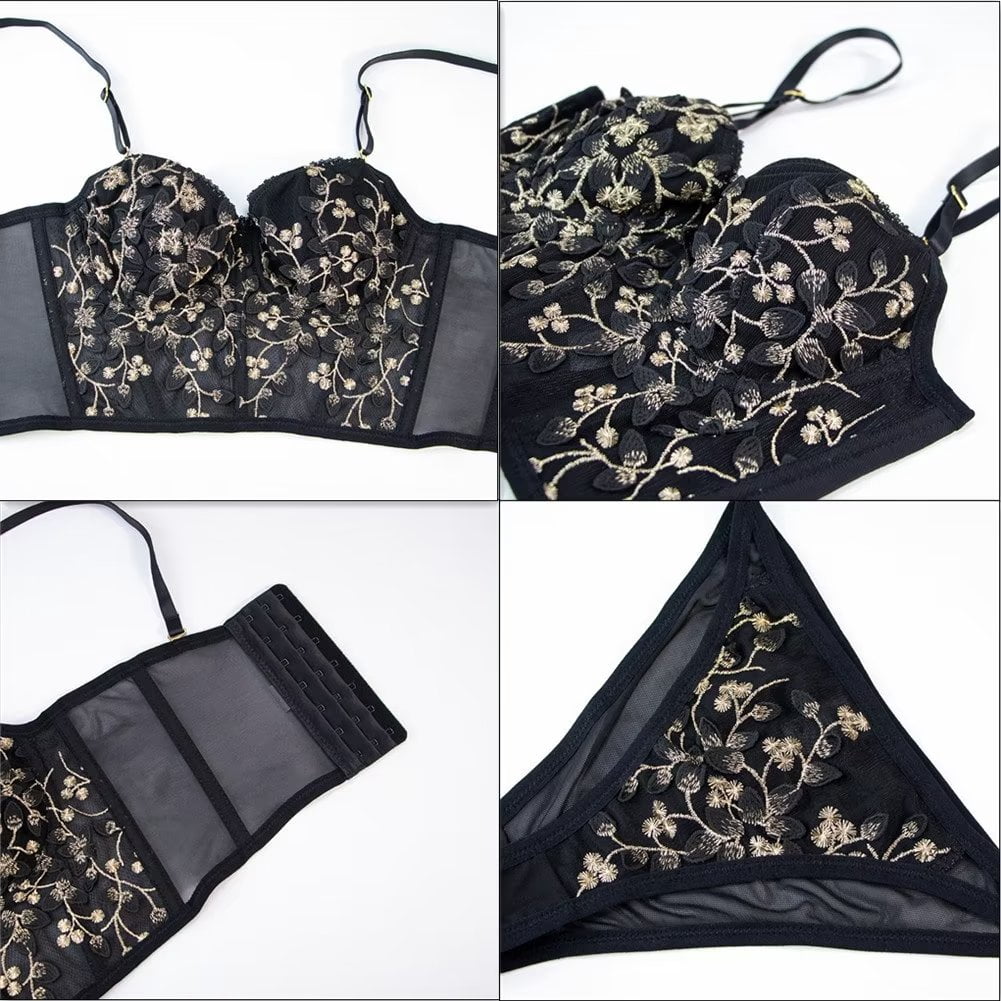 Women Lingerie Set Flower Embroidery Bralette and Panty Set Removable Chest Pad Underwear