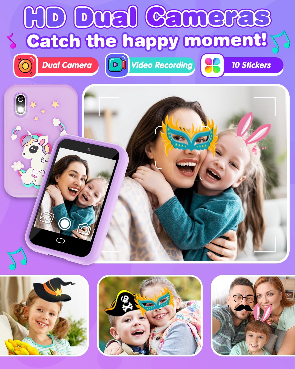 Kids Cell Phone Unicorn Gifts for Girls Age 6-8 Touchscreen Kids Phone Learning Toy with Dual Cameras Music Games Stories 8G SD Card Christmas Birthday Gifts for 3 4 5 6 7 8 Year Old Girls