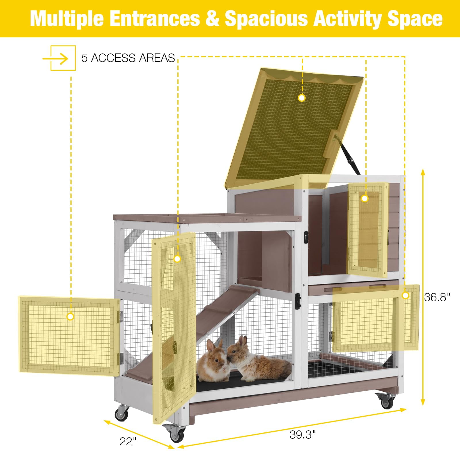 Aivituvin Rabbit Cage Indoor Outdoor Bunny Hutch on Wheels, 2 Story Wood Guinea Pig Cages with 2 Deeper Pull Out Trays