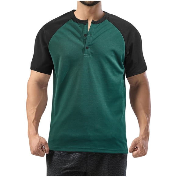 Tops para hombre, blusas y camisas de cuello redondo y manga corta para hombre, combinación de colores, informal, transpirable, a la moda, con botones, cuello redondo y manga corta, top de poliéster p