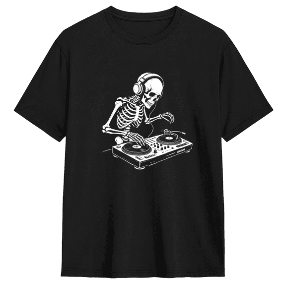 Skeleton DJ Vintage Graphic Tee For Men, Music Party Cotton Short Sleeves T-Shirt