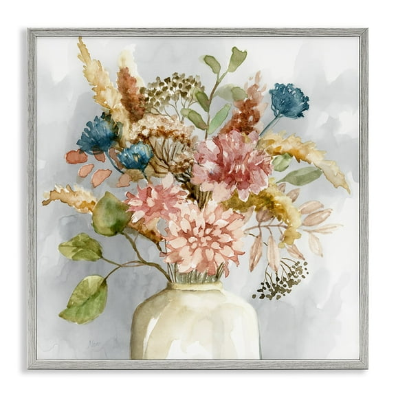 Stupell Industries Wildflower Watercolor Bouquet Country Vase Floral Painting Gray Framed Art Print Wall Art, 12x12, by Nan