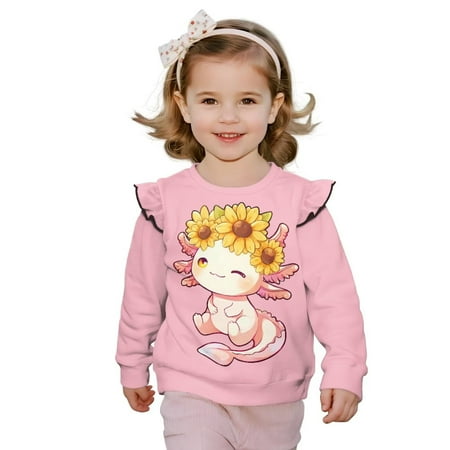 Garronmavis Sunflower Pullover Sweatshirt Polyester Spandex Fabric Axolotl Long Sleeve Pullover Crewneck Tops Shirts Fashion Girl s Graphic Shirts Top Comfortable for 2-3 Years Kids