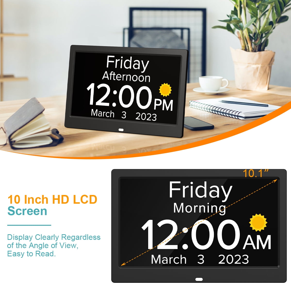 SPACWIS 10.1 Inch Large Digital Alarm Clock with Date and Day for Dementia Seniors, Voice Announcement Time