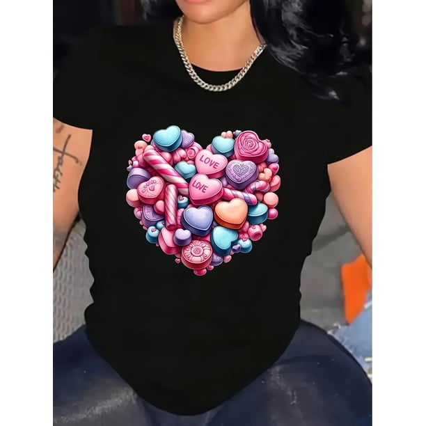 Women'S Valentine'S Day T-Shirt - Casual Round Neck Short Sleeve T-Shirt with Dessert And Candy Heart Pattern, Slightly Stretch Knit Fabric, Comfortable in All Seasons Tee For Adult, Men, Women, Teen