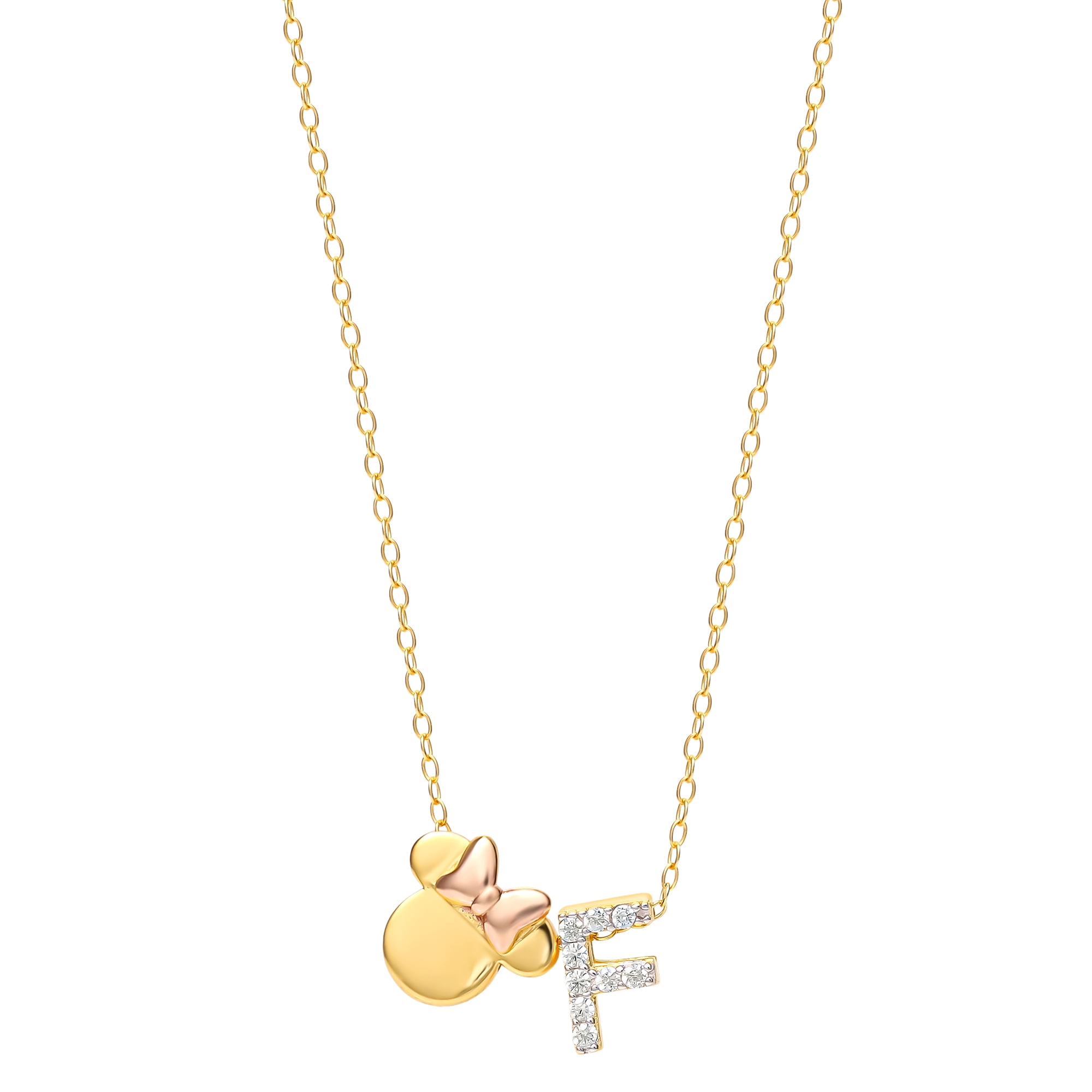 Disney Minnie Mouse Sterling Silver Gold Plated Cubic Zirconia Initial Pendant Necklace, 18" - Letter F