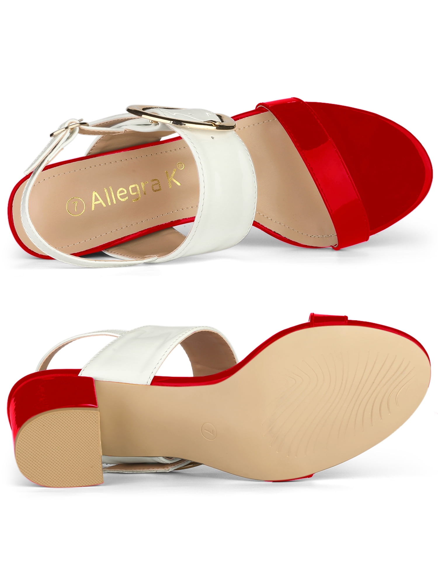 DARING DIVA Women's Slingback Block Heel Sandals with Buckle Decor Red White 7