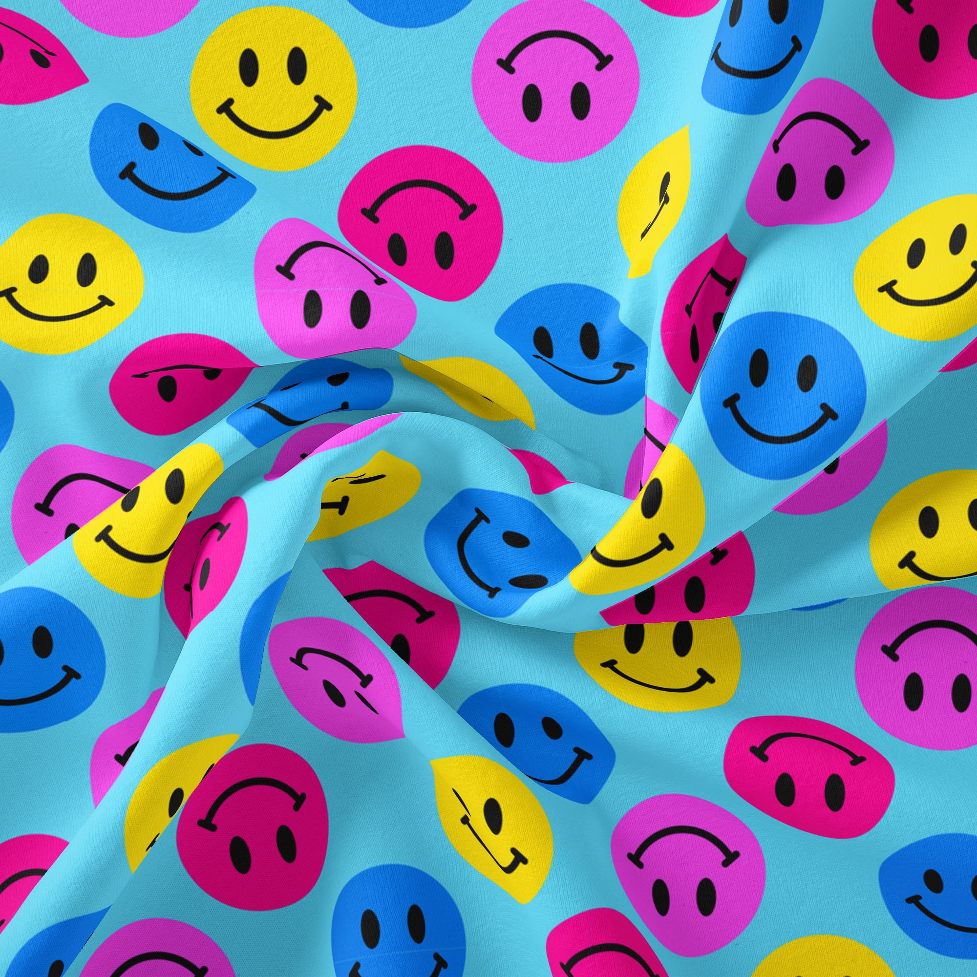 Half-Yard 100% Cotton Happy Smileys, Blue, Multi-color, 44" Wide for Quilting & Sewing by David Textiles