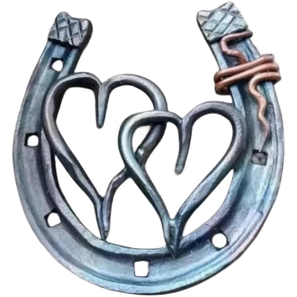 Herradura de hierro forjado a mano, herradura de la suerte para ella, regalos de resina con forma de corazón de herradura (dos corazones)