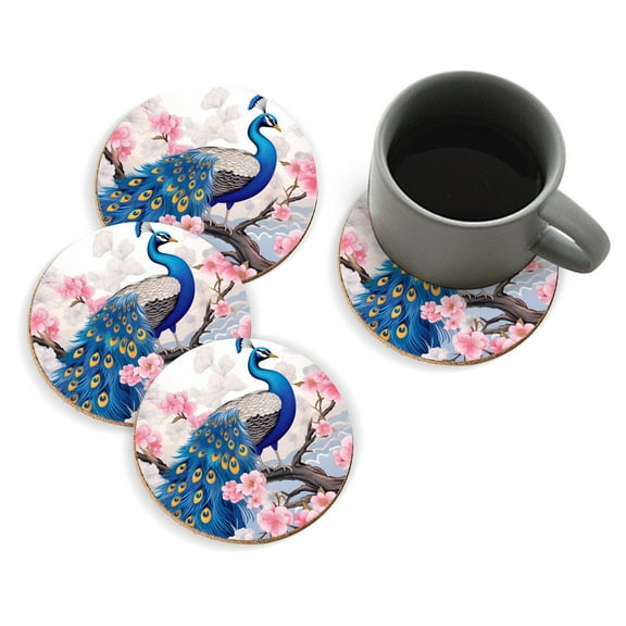 Coasters for Drinks Bar Beer,Set of 4 ,Round Wooden Housewarming Gift,Blue Peacock With Golden Plum Blossoms