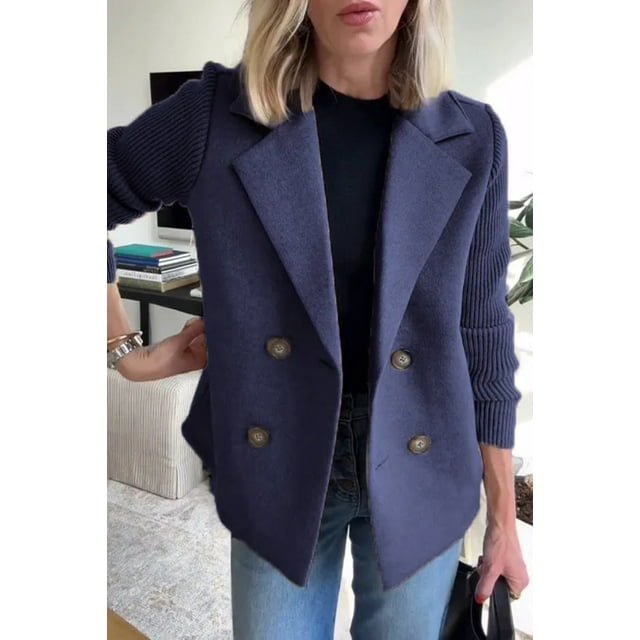 Women's Spring Wool Blend Double-Breasted Coat Solid Color Regular Fit Long Sleeve Suit Jacket Brown