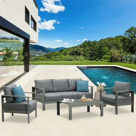 Sunvivi Aluminum Outdoor Furniture Set 4 Pcs Patio Sectional Conversation Sofa Set with Coffee Table Gray