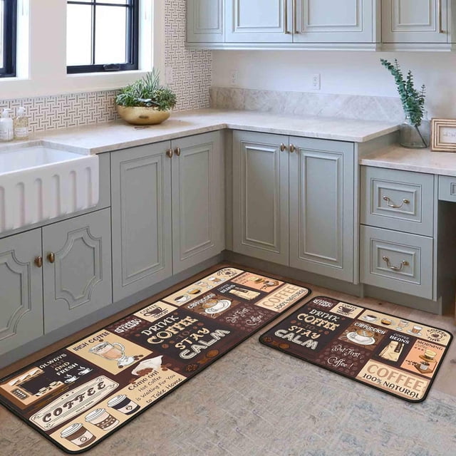 Coffee Kitchen Rugs and Mats Non-Slip, Washable, Stain and Fade Resistant, Suitable for Kitchen Mat Set of 2 Coffee Kitchen Decor 17" x47"+17"x30"