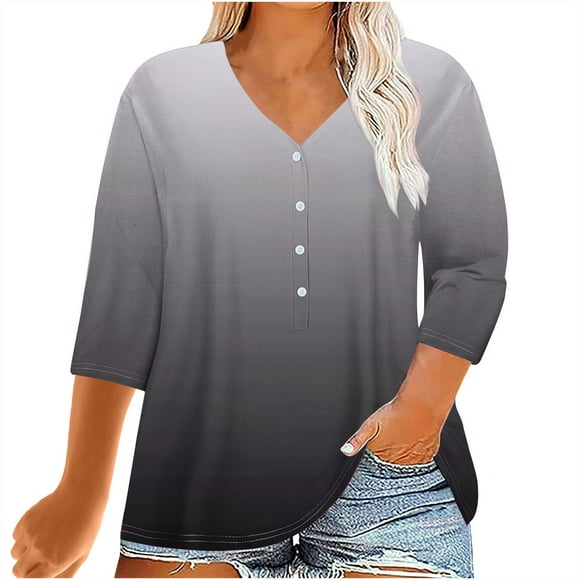 Jgppe 3/4 Sleeve Tops for Women Large Size Button up Print Soft V Neck Blouse Summer T Shirts