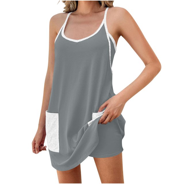 Summer Sleeveless Romper Dresses for Womens Racerback Casual Striped Shorts Jumpsuit Spaghetti Strap Pajamas Rompers, Gray, L